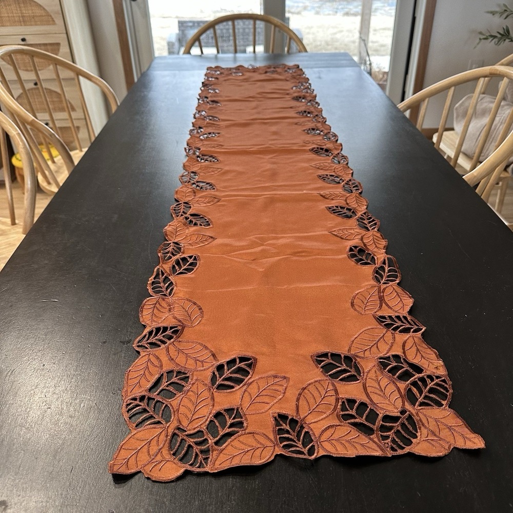 Fall Orange Rust Cutwork Leaf Table Runner Sash Centerpiece Thanksgiving 70x15